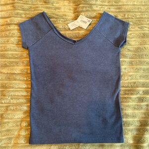 AE Women's Blue Ribbed Short Sleeve V-Neck Top